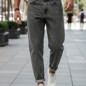 [HME] Minimalistiniai vyriški džinsai, snaigėmis plauti klasikiniai tamsiai pilki, trimatės kirpimo vidutinio juosmens tiesios kelnės, tinkamos tiek verslo, tiek laisvalaikio aprangai, būtini vyriški džinsiniai kelnes kasdieniam nešiojimui