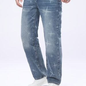 2026 Naujos Vyriškos Džinsai su Žvaigždžių Raštu, Netaisyklingu Visame Paviršiuje Raštu, Mėlyni Skalbto Džinso Kelnes, Netamprios, Tiesios Kojos, Minimalistinis Stilius Visiems Sezonams