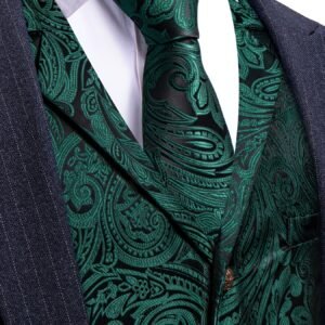 Vyriškas formalus žalias gėlėtas liemenės ir aksesuarų komplektas: kaklaraištis, kišeninės nosinės, rankogalių segtukai vestuvėms/išleistuvėms, smokingo liemenė