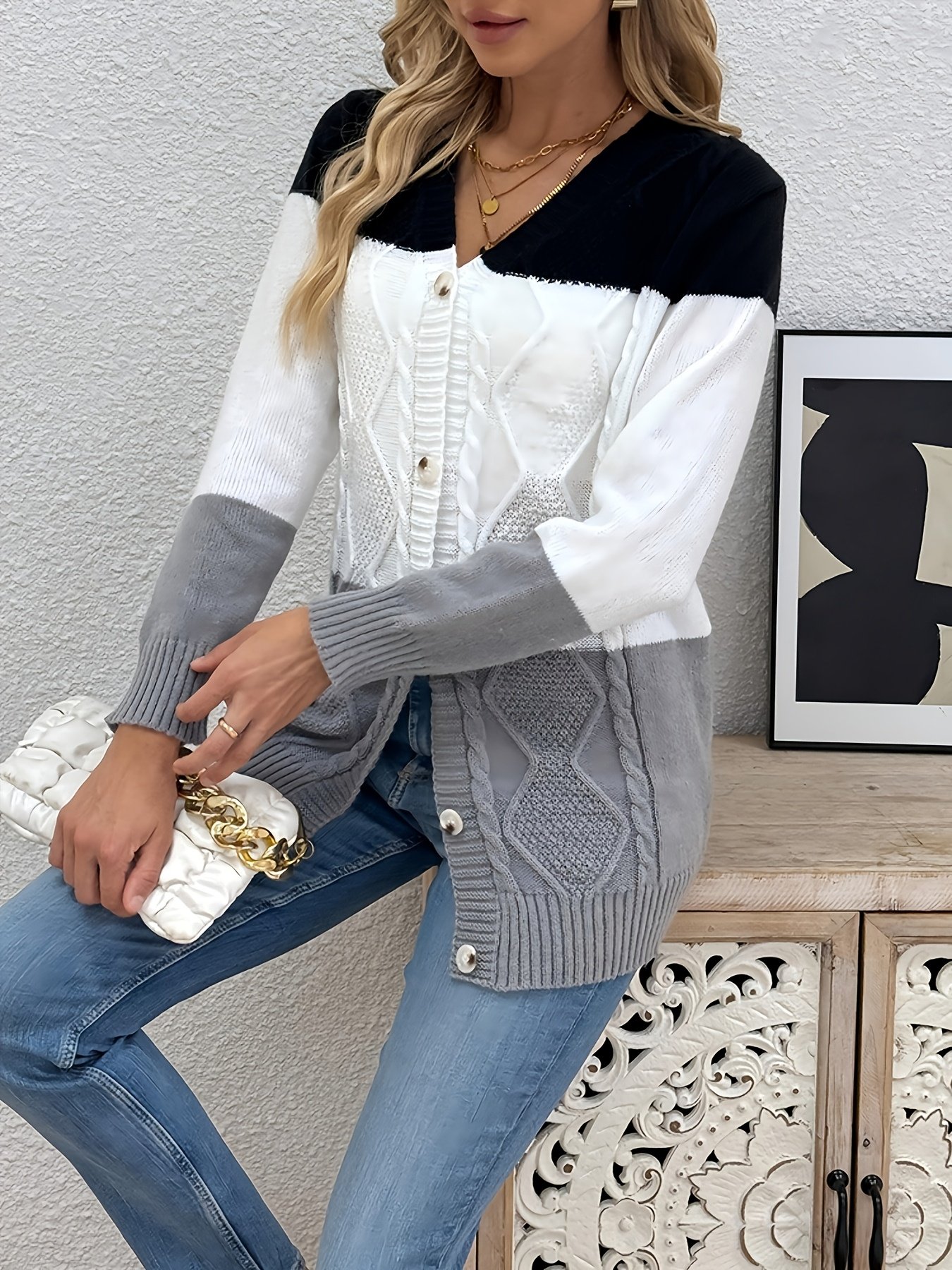 Madingas moteriškas laisvalaikio kardiganas - Lopinių raštai, rudens/žiemos sezonas - Image 5