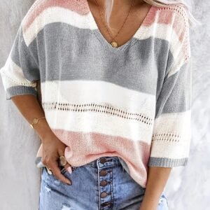 Moteriška spalvų blokuota V formos iškirptės palaidinė su iškirptėmis ant pečių