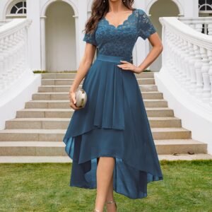 24248A Moteriška elegantiška gėlėta nėriniuota suknelė V formos iškirpte, trumpomis rankovėmis, trumpu priekiu, ilgu galu, šifono kraštu, dvigubo sluoksnio vestuvių vakarėlio suknelė